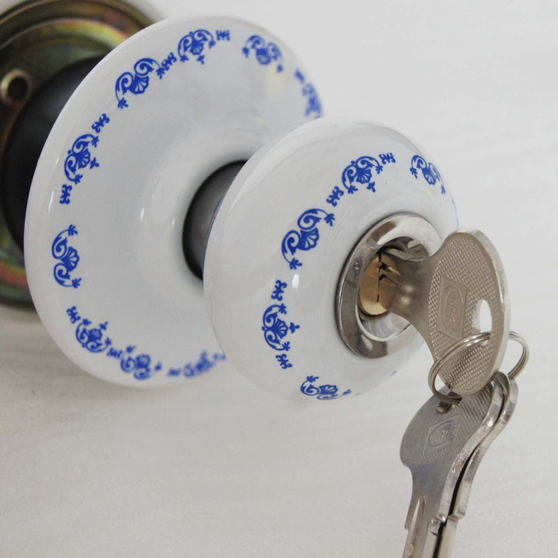 Decorative Door Knob Ceramic Handle Entrance Lock Latch With Keys- White Blue