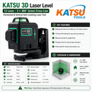 KATSU Tools 3D Laser Level 12 Lines Green Cross Horizontal Vertical 311584