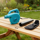 KATSU electric leaf blower vacuum with nozzle and dust bag on garden table