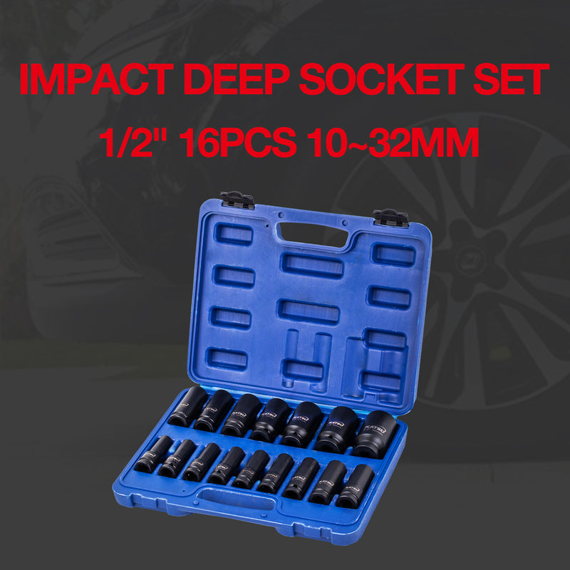 Impact Deep Socket Set 1/2" 16PCs 10~32mm freeshipping - Aimtools