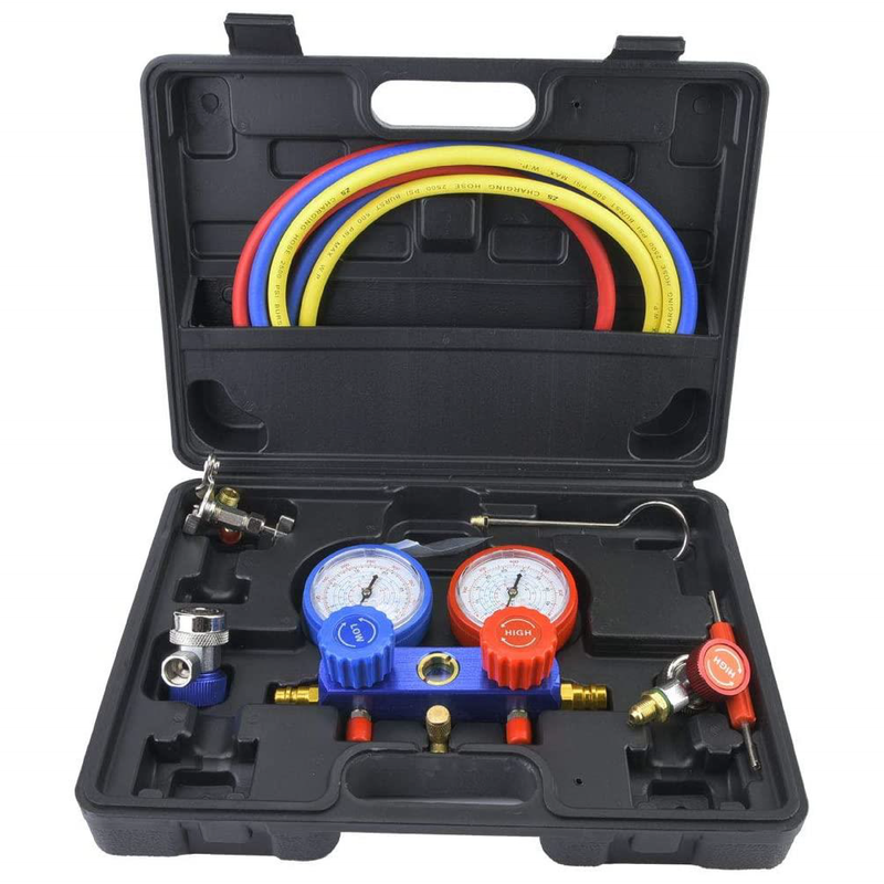 Manifold Gauge Set, with Hose, Air Conditioning Refrigerant Diagnostic Fluor Manifold Table Gauge