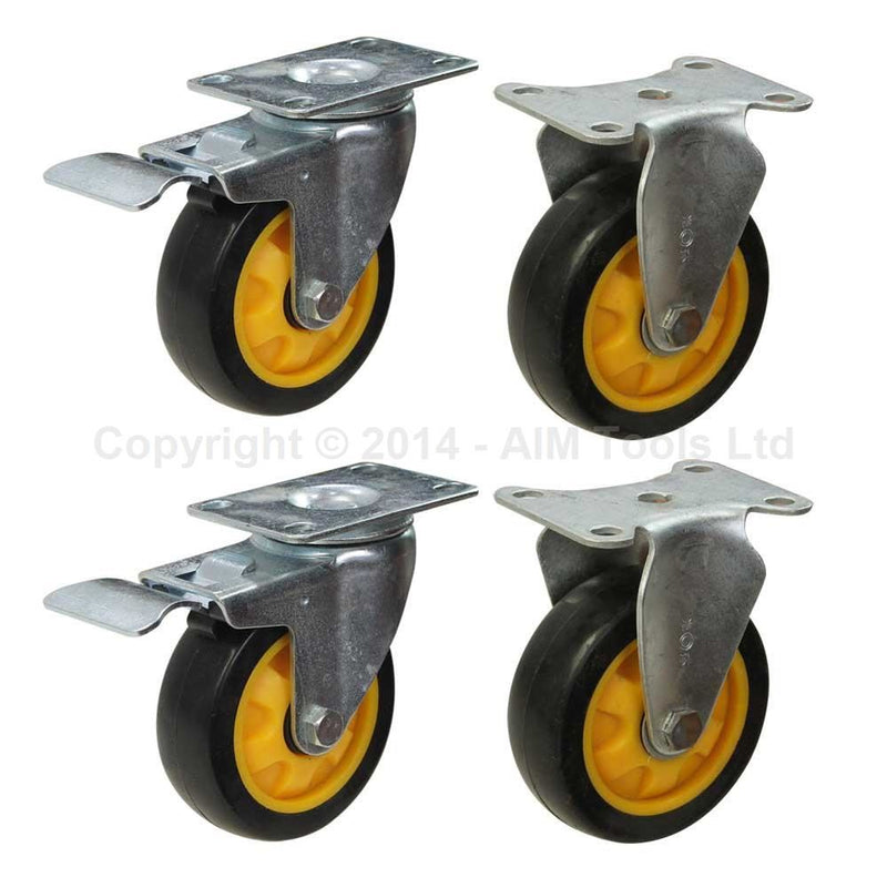 Polyurethane Wheel Castor Set - 100mm with Bearings 2 Fixed  2 Brake